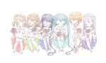  1boy 5girls :d absurdly_long_hair absurdres aqua_dress aqua_flower aqua_hair aqua_rose arm_support azusawa_kohane bare_legs bare_shoulders blonde_hair blue_dress blue_flower blue_hair blue_rose blush bouquet bow brooch brown_hair buttoned_cuffs chibi closed_eyes closed_mouth collared_shirt color_coordination commentary cross-laced_footwear crossed_ankles dark_blue_hair double-parted_bangs dress dress_bow dress_shirt facing_another facing_viewer flower frilled_dress frills full_body gloves gradient_hair green_dress grey_hair hair_flower hair_ornament hanasato_minori happy hatsune_miku head_wreath high-low_skirt highres holding holding_bouquet hoshino_ichika_(project_sekai) invisible_chair jewelry kagamine_rin light_brown_hair light_green_hair light_purple_hair lineup long_hair long_sleeves low_twintails matching_outfits multicolored_hair multiple_girls off-shoulder_dress off_shoulder open_mouth orange_flower orange_hair orange_rose pants pink_dress pleated_dress poppu_usagi project_sekai puffy_long_sleeves puffy_sleeves purple_dress red_flower red_rose rose shirt shoes short_hair short_sleeves simple_background sitting smile straight_hair swept_bangs teeth tenma_tsukasa twintails two-sided_dress two-sided_fabric two-tone_dress upper_teeth_only very_long_hair vocaloid white_background white_bow white_dress white_flower white_footwear white_gloves white_jabot white_pants white_shirt wing_collar yellow_flower yellow_gemstone yellow_rose yoisaki_kanade 