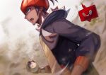  1boy aqua_eyes black_hair black_hoodie bracelet dark-skinned_male dark_skin gloves highres hood hood_down hoodie jewelry male_focus orange_headwear poke_ball pokemon pokemon_(game) pokemon_swsh raihan_(pokemon) rotom rotom_phone teeth touchika 