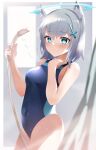  1girl absurdres animal_ear_fluff animal_ears bare_arms bare_shoulders blue_archive blue_eyes blue_one-piece_swimsuit blurry blurry_background blush breasts closed_mouth commentary_request covered_navel depth_of_field grey_hair hair_between_eyes hair_ornament halo hands_up highres holding looking_at_viewer nohohon_neko official_alternate_costume one-piece_swimsuit shiroko_(blue_archive) shiroko_(swimsuit)_(blue_archive) shower_head small_breasts solo swimsuit wolf_ears 