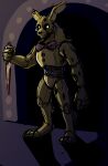  absurd_res animatronic anthro blood blood_on_knife bodily_fluids bow_tie cheek_tuft facial_tuft featureless_crotch five_nights_at_freddy&#039;s five_nights_at_freddy&#039;s_3 fur grin hi_res holding_knife holding_object imperatorcaesar knife lagomorph leporid long_ears looking_at_viewer machine male mammal notched_ear nude rabbit robot scottgames shadow smile solo springtrap_(fnaf) standing tuft yellow_body yellow_fur 