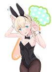  1girl absurdres alakoala animal_ears black_leotard black_pantyhose blonde_hair blue_eyes blush cowboy_shot fake_animal_ears fake_tail highres kantai_collection leotard long_hair open_mouth pantyhose rabbit_ears rabbit_pose rabbit_tail shin&#039;you_(kancolle) simple_background smile solo strapless strapless_leotard tail white_background wrist_cuffs 