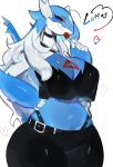  2023 anthro anthrofied blue_body bottomwear breasts clothed clothing crossgender dragon female generation_3_pokemon hi_res latios legendary_pokemon looking_at_viewer nintendo pants pokemon pokemon_(species) red_eyes simple_background smile solo togetoge white_background 