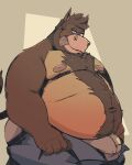  2023 anthro belly big_belly bottomwear bovid bovine brown_body brown_fur bulge cattle clothing dippubear fur hi_res male mammal moobs nipples overweight overweight_male pants simple_background solo tongue tongue_out underwear 