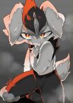  ambiguous_gender angry anthro bodily_fluids bruised cinderace clenched_teeth colored digital_media_(artwork) ears_down frown fur generation_8_pokemon hi_res kneeling lagomorph leporid looking_at_viewer mammal minamo_(pixiv17726065) nintendo pivoted_ears pokemon pokemon_(species) red_body red_eyes red_fur restricted_palette signature simple_background solo sweat teeth white_body white_fur 