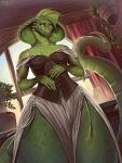  anthro breasts clothed clothing dress female fully_clothed green_body green_scales hi_res lazyollie long_tail looking_at_viewer plant plant_pot potted_plant reptile scales scalie snake snake_hood solo tail thick_tail yellow_eyes 