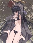  1girl aji_aji_nori barefoot bikini black_bikini black_hair blue_archive book breasts coat hair_between_eyes hair_ribbon hairband halo highres holding holding_book jewelry long_hair looking_at_viewer lying necklace on_back open_clothes open_coat ponytail purple_hairband purple_ribbon ribbon small_breasts solo sweat swimsuit ui_(blue_archive) ui_(swimsuit)_(blue_archive) very_long_hair 