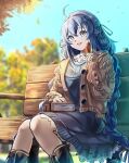  1girl absurdres ahoge autumn autumn_leaves bench blue_dress blue_eyes blue_hair book boots braid breasts brown_sweater crossed_bangs day dress highres jewelry long_braid long_hair long_sleeves mushoku_tensei necklace on_bench outdoors park park_bench roxy_migurdia sitting sitting_on_bench small_breasts smile solo sweater twin_braids very_long_hair yujin_(kanouyuuto-0423) 