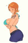  1girl anger_vein bikini blue_pants blush breasts commentary earrings english_commentary green_bikini highres jewelry large_breasts looking_at_viewer lushhhh nami_(one_piece) one_piece orange_eyes orange_hair pants shoulder_tattoo simple_background solo spoken_anger_vein swimsuit tattoo 