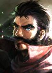  1boy bara beard blue_eyes cigar facial_hair graves_(league_of_legends) hair_slicked_back karipaku league_of_legends light looking_at_viewer male_focus mature_male mustache portrait short_hair smoking solo sparkle thick_eyebrows wrinkled_skin 