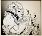  bandai_namco bone digimon digimon_(species) duo ear_piercing embrace glowingraver horn leomon male mane monochrome ogremon piercing scar skull spikes tattoo vein veiny_muscles 