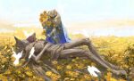  2boys armor bird blonde_hair blue_cape blue_sky braid breastplate cape chinese_commentary closed_eyes commentary_request corpse day death elden_ring field flower flower_field full_body gauntlets giving glowing_bird greaves hair_bun half_updo hand_on_own_stomach highres holding holding_flower lucianalin lying male_focus margit_the_fell_omen morgott_the_omen_king multiple_boys on_back outdoors pauldrons rope short_hair shoulder_armor single_braid single_hair_bun sky standing sunflower tarnished_(elden_ring) white_bird yellow_flower 