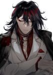  1boy black_hair commentary_request formal highres jacket jewelry long_hair looking_at_viewer male_focus multicolored_hair necklace nijisanji nijisanji_en open_clothes open_shirt pectoral_cleavage pectorals red_hair red_shirt shirt simple_background suit vox_akuma white_background white_suit yamamoto_tomomitsu yellow_eyes 