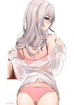  1girl ass bag bare_shoulders blue_eyes blush bra food_in_mouth from_behind grey_hair holding holding_bag long_hair long_sleeves looking_at_viewer looking_back off_shoulder original panties pink_bra pink_panties ry_thae see-through shirt simple_background underwear white_background white_shirt 