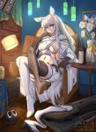  1girl absurdres animal_ears arknights armchair black_gloves black_thighhighs boots breasts brown_eyes cat chair commentary_request crop_top cup drinking_glass feet flower gloves hand_up head_tilt highres holding holding_cup indoors jacket legs long_hair looking_at_viewer luo_xiaohei luo_xiaohei_zhanji medium_breasts midriff navel no_shoes platinum_(arknights) qiyedefeishazhanji ribbon short_shorts shorts single_boot sitting smile stomach thigh_boots thighhighs toes very_long_hair white_flower white_footwear white_hair white_jacket white_shorts wine_glass yellow_ribbon 