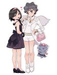  1boy 1girl :d bag black_hair boots calem_(pokemon) closed_mouth coat commentary_request cosplay crossdressing diantha_(pokemon) diantha_(pokemon)_(cosplay) diantha_(sygna_suit)_(pokemon) dress earrings espurr eyelashes gloves grey_eyes hand_on_own_hip hand_up handbag heart highres jewelry knees long_sleeves necklace open_clothes open_coat open_mouth pink_bag pokemon pokemon_(creature) pokemon_masters_ex pokemon_xy sana_(37pisana) shiny_skin short_hair smile standing white_background white_coat white_footwear 