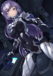  1girl armored_bodysuit black_bodysuit bodysuit character_request cockpit controller covered_navel covered_nipples expressionless fortified_suit highres impossible_bodysuit impossible_clothes joystick kurione_(zassou) long_hair muv-luv muv-luv_alternative purple_eyes purple_hair shiny_clothes sitting solo 