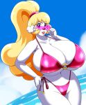  anthro beach big_breasts bikini blonde_hair blue_eyes breasts canid canine canis clothing collarbone domestic_dog eyewear female fur hair huge_breasts lipstick looking_at_viewer makeup mammal miss_pearl ponytail poodle seaside solo speeds sunglasses swimwear thick_thighs white_body white_fur 