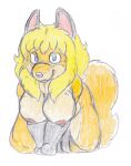  all_fours anthro blonde_hair blue_eyes breasts canid canine female firecat fox fur hair hi_res kitsune_youkai mammal multicolored_body multicolored_fur nipples orange_body orange_fur solo tan_body tan_fur two_tone_body two_tone_fur 