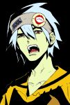  1boy black_background grey_headband headband highres jacket male_focus my_nameisyoon open_mouth red_eyes short_hair simple_background solo soul_eater soul_evans teeth uneven_eyes upper_body white_hair yellow_jacket 