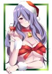  1girl arm_warmers bell bow breasts camilla_(fire_emblem) cleavage cup drink drinking_glass fe135700 fire_emblem fire_emblem_fates hair_over_one_eye hat heart highres holding holding_cup long_hair looking_at_viewer neck_bell purple_eyes purple_hair red_bow red_headwear red_ribbon ribbon ribbon_bra santa_hat smile solo upper_body 