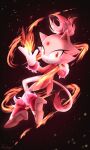  1girl absurdres blaze_the_cat burning_blaze cat_girl cat_tail eyelashes fire forehead_jewel furry furry_female gloves high_heels highres jacket looking_at_viewer looking_back open_mouth pants pink_fur ponytail red_jacket sonic_(series) sonic_rush sonic_rush_adventure tail tasikyu white_pants 