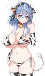  1girl absurdres ako_(blue_archive) animal_collar animal_ears animal_print areola_slip bare_shoulders bell bikini blue_archive blue_eyes blue_hair breasts bridal_gauntlets cleavage closed_mouth collar commission cow_ears cow_print cow_tail cowbell cowboy_shot curvy ear_tag fake_animal_ears fake_horns fake_tail hair_over_shoulder halo highres horns large_breasts light_blush long_hair looking_at_viewer micro_bikini navel neck_bell print_bikini print_thighhighs side-tie_bikini_bottom simple_background skeb_commission solo swimsuit tail thighhighs underboob white_background will77im 