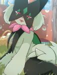 anthro areola breasts day female generation_9_pokemon green_body hi_res looking_at_viewer meowscarada nintendo outside pokemon pokemon_(species) purple_eyes rumine solo tongue tongue_out 