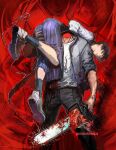  1boy 1girl artist_name black_hair blood blood_on_clothes blood_on_weapon carrying_over_shoulder chainsaw chainsaw_man denji_(chainsaw_man) dress facing_down falling_devil_(chainsaw_man) fourth_east_high_school_uniform guri_otoko halftone highres holding_head long_hair looking_at_viewer mitaka_asa open_mouth pinafore_dress pull_cord school_uniform severed_head sharp_teeth shirt sleeveless sleeveless_dress teeth weapon white_shirt 