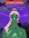  alligator alligatorid andromorph anthro crocodilian digital_media_(artwork) english_text facial_hair green_body hair heterochromia hi_res intersex pink_hair ponytail reptile scalie shawnstar smile solo_focus teeth text 