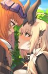  2girls absurdres arknights bagpipe_(arknights) blonde_hair blue_sky breasts cloud commentary day eye_contact flower green_eyes highres horns large_breasts long_hair looking_at_another multiple_girls open_mouth orange_hair radioneet reed_(arknights) reed_the_flame_shadow_(arknights) saliva saliva_trail sky tagme tongue tongue_out upper_body white_flower yuri 