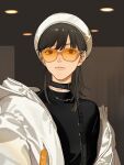  1girl alternate_costume black_hair black_sweater collar english_text hat highres jacket looking_at_viewer solo sq_(series) sun_jing sunglasses sweater tanjiu white_headwear white_jacket yellow-framed_eyewear 