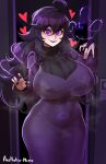  1girl @_@ absurdres aestheticc-meme ahoge alternate_breast_size black_hair breasts dress ghost_pose hair_between_eyes hairband hex_maniac_(pokemon) highres huge_breasts long_hair looking_at_viewer messy_hair pokemon pokemon_(game) pokemon_xy pubic_tattoo purple_eyes purple_hair purple_hairband smile solo tattoo tight_clothes tight_dress very_long_hair wide_hips 