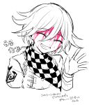  1boy blood checkered_clothes checkered_scarf closed_eyes cropped_torso danganronpa_(series) danganronpa_v3:_killing_harmony facing_viewer flipped_hair grin hair_between_eyes hand_up highres jacket long_sleeves oma_kokichi pink_blood scarf smile solo teeth translation_request uta_(utamilk) 