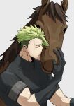  1boy achilles_(fate) animal_hug armor black_gloves black_shirt brown_horse closed_eyes fate/apocrypha fate_(series) gloves green_hair grey_background haruakira highres horse male_focus muscular muscular_male ribbed_shirt shirt simple_background smile solo undercut upper_body 