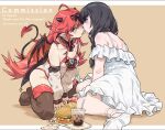  2girls black_hair black_thighhighs burger cola demon_girl food m_k mahiru_(virtuareal) mcdonald&#039;s miki_(virtuareal) multiple_girls purple_eyes red_hair shared_food thighhighs yuri 