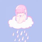  1girl arms_on_knees bare_legs blue_background blunt_bangs chibi cloud covering_face crossed_arms curled_up knees_up limited_palette long_hair original pink_hair rain shirt simple_background sitting sitting_on_cloud solo straight_hair very_long_hair white_shirt yeshisi 