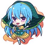  1girl :d blue_hair chibi commentary_request dress full_body green_dress green_headwear haniyasushin_keiki highres jewelry long_hair magatama magatama_necklace necklace open_mouth pink_eyes sample_watermark simple_background single_strap smile solo touhou white_background wood_carving_tool yellow_dress yoriteruru 