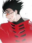  1boy black_eyes black_hair black_shirt blood blood_on_face earrings glasses highres jacket jewelry male_focus mole mole_under_eye orange-tinted_eyewear parted_lips pro_lightningt profile red_jacket round_eyewear shirt short_hair single_earring solo spiked_hair tinted_eyewear trigun upper_body vash_the_stampede white_background 