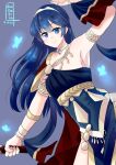  1girl absurdres ancient_greek_clothes armlet bare_shoulders blue_background blue_hair bracelet breasts bug butterfly choker closed_mouth dancer dancer_(three_houses) dress falchion_(fire_emblem) fire_emblem fire_emblem:_three_houses fire_emblem_awakening fire_emblem_heroes gladiator_sandals greco-roman_clothes highres jewelry kagura_oni long_hair looking_at_viewer necklace sandals single-shoulder_dress smile solo tiara twitter_username 