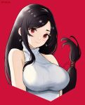  1girl bare_shoulders black_hair breasts casual closed_mouth commission cropped_torso earrings english_commentary final_fantasy final_fantasy_vii final_fantasy_vii_remake hakuink highres jewelry large_breasts lips long_hair looking_at_viewer low-tied_long_hair red_background red_eyes signature single_sidelock sleeveless sleeveless_turtleneck smile solo sweater swept_bangs teardrop_earring tifa_lockhart turtleneck turtleneck_sweater twitter_username upper_body white_sweater 