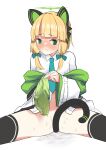  1girl animal_ear_headphones animal_ears black_thighhighs blonde_hair blue_archive blue_bow blue_necktie blunt_bangs blush bow cat_ear_headphones cat_tail closed_mouth commentary_request fake_animal_ears green_eyes green_halo green_panties hair_bow halo headphones highres jacket long_sleeves looking_away looking_to_the_side low_tied_sidelocks momoi_(blue_archive) necktie no_panties panties panties_removed pussy_juice pussy_juice_stain shirt short_hair simple_background sitting solo spread_legs stained_panties tail tail_censor teruisi thighhighs underwear white_background white_jacket white_shirt wide_sleeves 