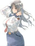  1girl alice_gear_aegis belt black_hair blue_eyes blue_skirt blush breast_pocket breasts closed_mouth hands_in_hair kagome_misaki large_breasts long_hair long_sleeves looking_at_viewer necktie pencil_skirt pocket red_necktie simple_background skirt solo suzumaru white_background 