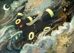  animal_nose black_fur cloud commentary creature crescent_moon fang highres moon no_humans open_mouth pokemon pokemon_(creature) red_eyes running star_(sky) symbol-only_commentary umbreon volpecorvo 