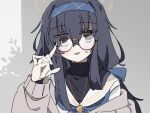  1girl black_eyes black_hair blue_archive cardigan eezee56 glasses hair_between_eyes hairband halo jewelry long_hair messy_hair necklace sidelocks turtleneck ui_(blue_archive) 