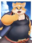  1boy black_shirt daiwahouse0105 dog_boy fangs furry furry_male hand_on_own_hip headband highres looking_at_viewer male_focus musashi_(tamacolle) open_mouth pointing pointing_at_self shiba_inu shirt sky_background smile solo tamacolle thick_eyebrows thumbs_up twitter_username 