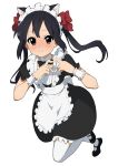  1girl absurdres alternate_costume animal_ears black_footwear black_hair blush bow bowtie brown_eyes cat_ears detached_collar embarrassed enmaided frilled_bracelet frills full_body hair_bow heart heart_hands highres k-on! kicchi_(tmgk) leg_up long_hair looking_at_viewer maid maid_headdress mary_janes multiple_hair_bows nakano_azusa shoes simple_background solo sweatdrop thighhighs twintails white_background white_thighhighs 