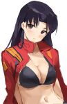  1girl absurdres blush breasts brown_eyes cleavage highres jacket katsuragi_misato long_hair looking_at_viewer medium_breasts navel neon_genesis_evangelion purple_hair red_jacket t-lex 