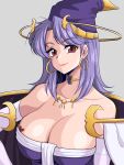  1girl bare_shoulders breasts celine_jules choker cleavage closed_mouth collarbone earrings elbow_gloves facial_mark forehead_mark gem gloves hat highres jewelry large_breasts long_hair looking_at_viewer pointy_hat purple_hair simple_background smile solo star_ocean star_ocean_the_second_story tatehiza_makura 