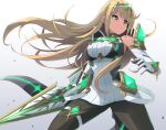  1girl absurdres blonde_hair breasts chest_jewel dress earrings elbow_gloves fukkatsu_saisei_kaijin gloves highres holding holding_sword holding_weapon jewelry long_hair medium_breasts mythra_(xenoblade) pantyhose smile solo star_(symbol) star_earrings sword thighlet tiara v-shaped_eyebrows weapon white_background white_dress white_gloves xenoblade_chronicles_(series) xenoblade_chronicles_2 