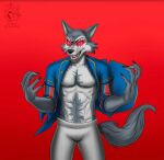  anthro athletic athletic_male beastars canid canine canis claws clothing fangs hi_res jacket legoshi_(beastars) loup-garou_(megami_tensei) male mammal multicolored_clothing multicolored_jacket multicolored_topwear nliiz red_eyes shin_megami_tensei_v solo teeth topwear wolf 